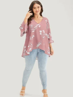Floral Asymmetrical Hem Ruffle Trim Flounce Sleeve Blouse -Bloomchic Shop 300982080 go 604bb566 847c 48b0 886d b0fcb0596b81