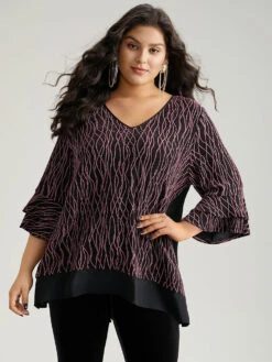 Lurex Layered Ruffle Sleeve Patchwork Blouse -Bloomchic Shop 301075333 lu