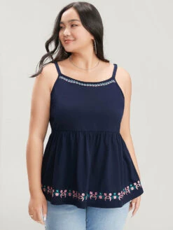 Solid Embroidered Ruffle Hem Cami Top -Bloomchic Shop 302928426 yv