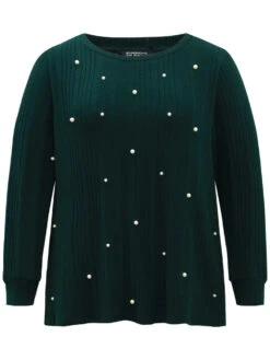 Plain Rib Knit Pearl Beaded Sweatshirt -Bloomchic Shop 303342465 rc