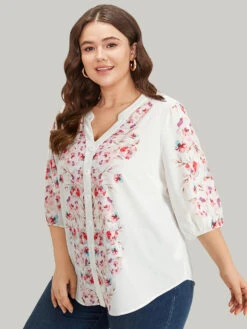 Floral Print Button Detail Notched Lantern Sleeve Blouse -Bloomchic Shop 30366845 qp