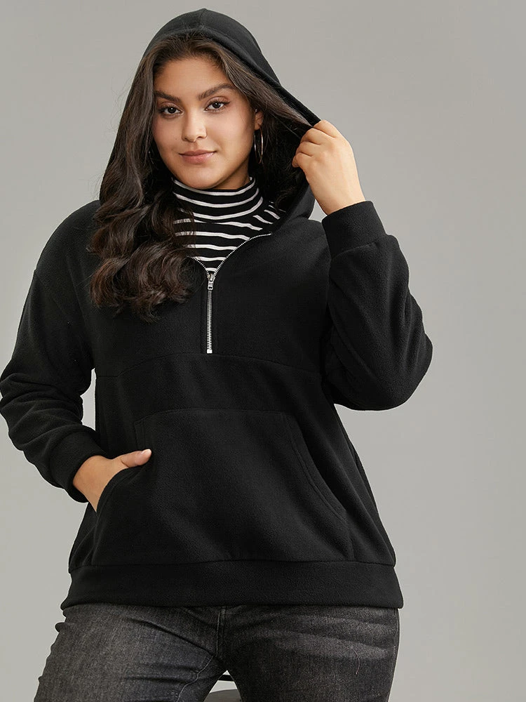 Solid Half Zip Kangaroo Pocket Thick Teddy Sweatshirt 6 Solid Half Zip Kangaroo Pocket Thick Teddy Sweatshirt - Image 4