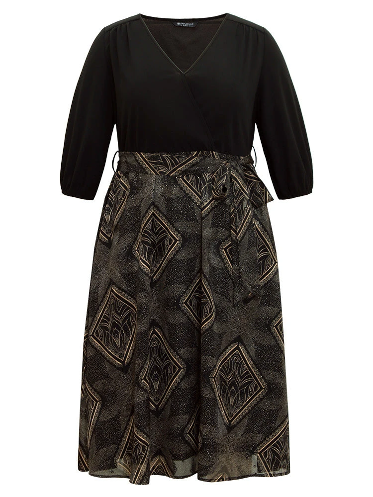 Chiffon Moroccan Print Glitter Belted Overlap Collar Dress 10 Chiffon Moroccan Print Glitter Belted Overlap Collar Dress - Image 8