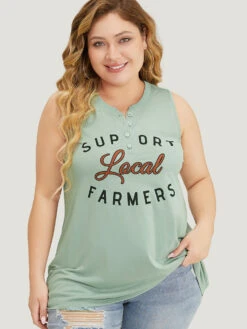 Letter Print Button Up Graphic Sleeveless Tank Top -Bloomchic Shop 305071601 uc