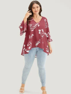 Floral Asymmetrical Hem Ruffle Trim Flounce Sleeve Blouse -Bloomchic Shop 305438647 eo 6567fbe4 40db 4788 a26d f271c7268a48