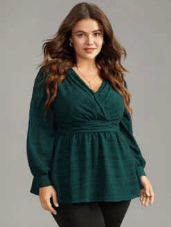 Plaid Wrap Ruched Lantern Sleeve Blouse