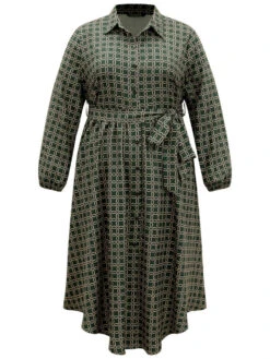 Geometric Belted Curved Hem Lantern Sleeve Dress -Bloomchic Shop 306094602 ye