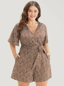 Ditsy Floral Ruffle Wrap Pocket Belted Romper -Bloomchic Shop 306243870 cf