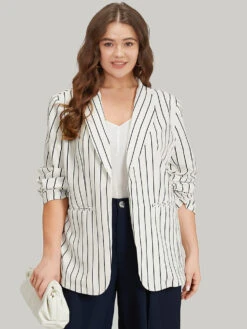Bloomchic Shop 7 Striped Pocket Gathered Lapel Collar Blazer