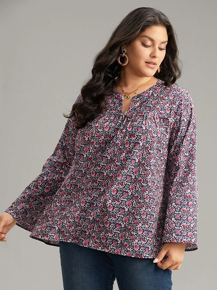 Ditsy Floral Notched Bell Sleeve Blouse 6 Ditsy Floral Notched Bell Sleeve Blouse - Image 5