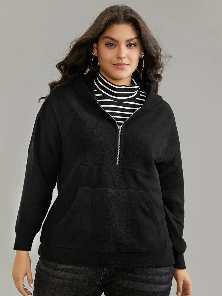 Solid Half Zip Kangaroo Pocket Thick Teddy Sweatshirt 3 Solid Half Zip Kangaroo Pocket Thick Teddy Sweatshirt