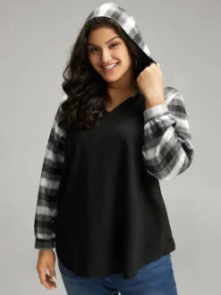 Plaid Print Hooded Patchwork Sweatshirt -Bloomchic Shop 308393825 jr