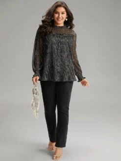 Stand Collar Mesh Patchwork Frill Trim Blouse -Bloomchic Shop 30911320 wx