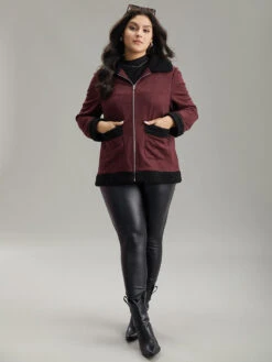 Fuzzy Trim Patched Pocket Zipper Jacket -Bloomchic Shop 310275103 zt