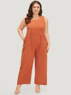 Plain Pocket Zipper Patchwork Tank Jumpsuit