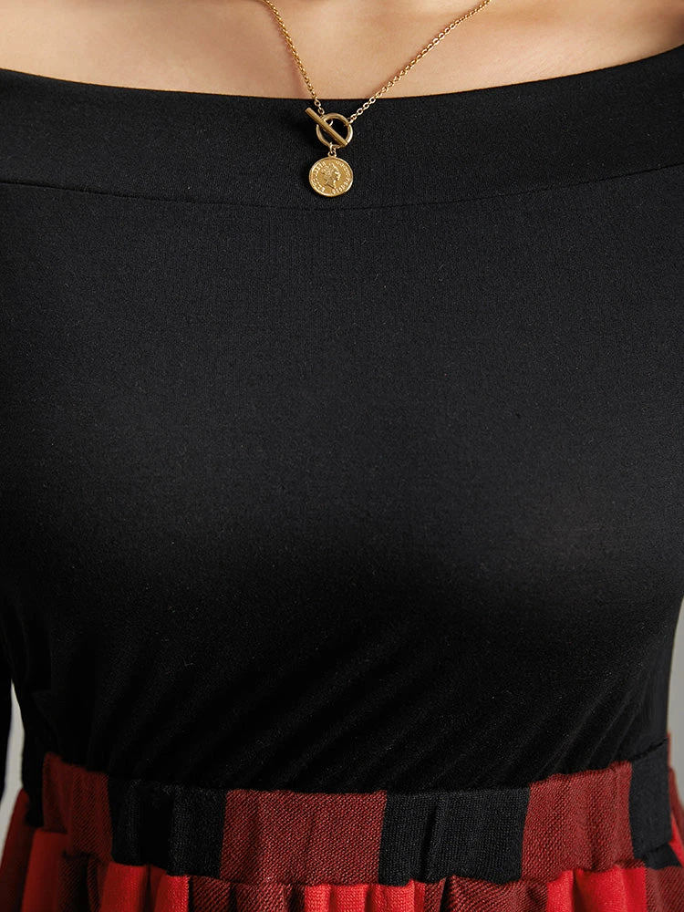 Plaid Pocket Boat Neck Patchwork Dress 8 Plaid Pocket Boat Neck Patchwork Dress - Image 6