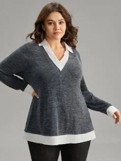 Bloomchic Shop 20 2-In-1 Contrast Patchwork Lapel Collar T-shirt