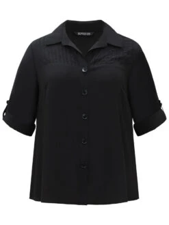 Solid Button Through Roll Tab Sleeve Blouse -Bloomchic Shop 315370757 rh