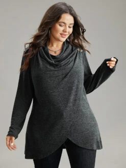 Plain Heather Cowl Neck Button Detail Sweatshirt -Bloomchic Shop 316336337 in