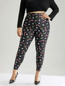 Christmas Print Elastic Waist Skinny Leggings