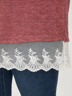 Solid Round Neck Lace Hem Long Tee -Bloomchic Shop 31711153 oo