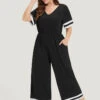 Striped Contrast V Neck Pocket Elastic Waist Jumpsuit -Bloomchic Shop 317961342 gd