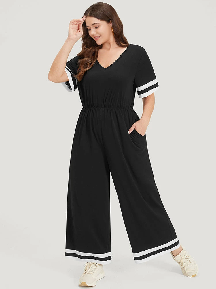 Striped Contrast V Neck Pocket Elastic Waist Jumpsuit 3 Striped Contrast V Neck Pocket Elastic Waist Jumpsuit