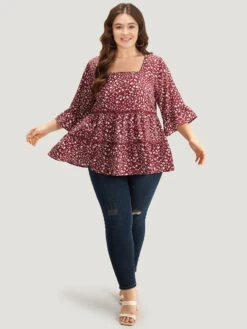 Silhouette Floral Print Lace Patchwork Square Neck Flutters Blouse -Bloomchic Shop 31800559 ai