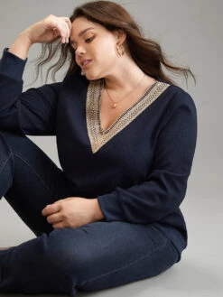 Patchwork Lace Panel V Neck Waffle Knit Sweatshirt -Bloomchic Shop 318121640 td