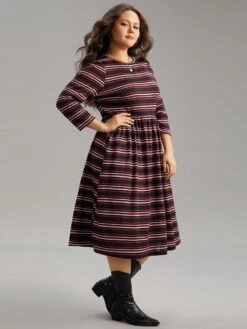 Striped Print Round Neck Pocket Elastic Waist Dress -Bloomchic Shop 318136014 bs