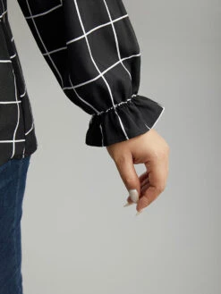 Plaid Stand Collar Ruffles Lantern Sleeve Blouse -Bloomchic Shop 318256263 lq