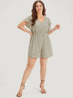 Leopard Ruffle Cap Sleeve V Neck Pocket Jumpsuit -Bloomchic Shop 319031376 wq