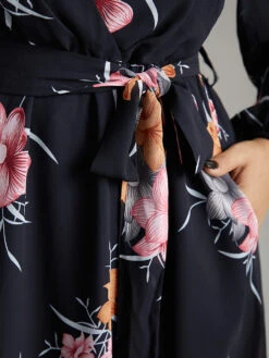 Chiffon Floral Print Keyhole Belted Pocket Dress -Bloomchic Shop 320535820 yu