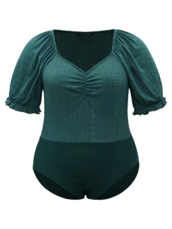 Plain Cut Out Ruched Puff Sleeve Bodysuit -Bloomchic Shop 320918252 me