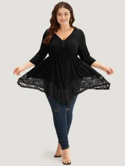 Plain Ruched Lace Patchwork Hanky Hem T-shirt -Bloomchic Shop 32147844 xt