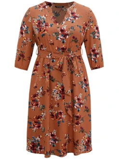 Floral Notched Belted Elastic Waist Dress -Bloomchic Shop 321509648 ad