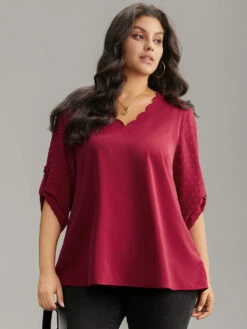 Plain V Neck Tab Sleeve Scalloped Trim Blouse