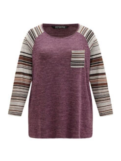 Striped Patchwork Pocket Raglan Sleeve T-shirt -Bloomchic Shop 322970270 lp