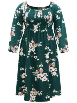 Floral Print Split Hem Pocket Shirred Dress -Bloomchic Shop 323273745 ln