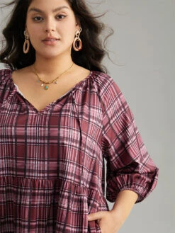 Plaid Tie Neck Ruffle Layered Hem Dress -Bloomchic Shop 323880113 nx