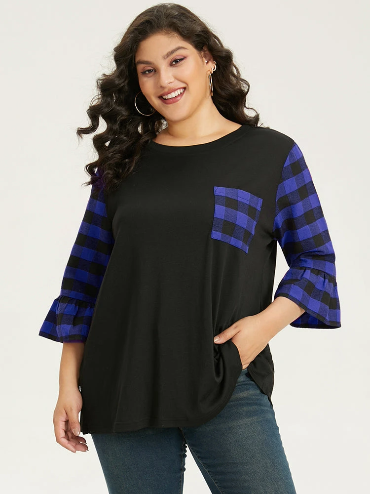 Plaid Patched Pocket Patchwork Contrast Bell Sleeve T-shirt 16 Plaid Patched Pocket Patchwork Contrast Bell Sleeve T-shirt - Image 14