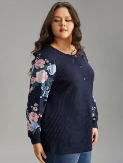 Waffle Knit Floral Patchwork Button Up T-shirt -Bloomchic Shop 324598543 hc