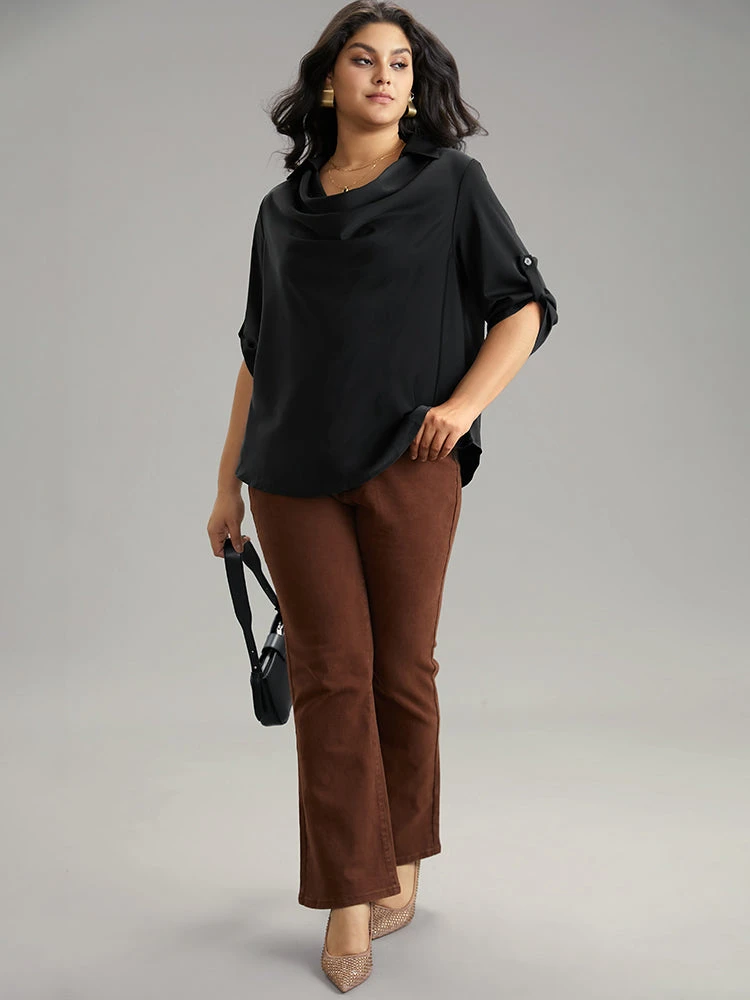 Anti-Wrinkle Solid Cowl Neck Tab Sleeve Blouse 4 Anti-Wrinkle Solid Cowl Neck Tab Sleeve Blouse - Image 2