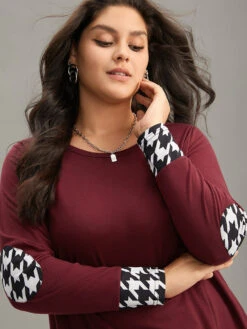 Houndstooth Patchwork Contrast Arc Hem T-shirt -Bloomchic Shop 326064766 wo