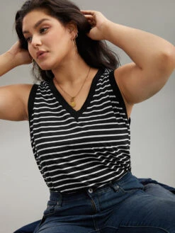 V Neck Striped Contrast Trim Tank Top -Bloomchic Shop 326086466 ef