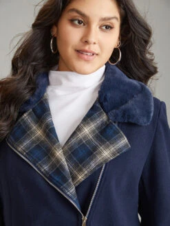 Plaid Asymmetrical Lapel Collar Patchwork Fuzzy Trim Coat -Bloomchic Shop 327233401 yp
