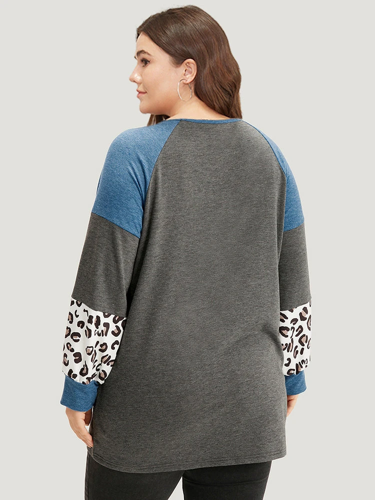Colorblock Contrast Leopard Round Neck Raglan Sleeve Sweatshirt 4 Colorblock Contrast Leopard Round Neck Raglan Sleeve Sweatshirt - Image 2