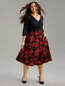 Silhouette Floral Print Patchwork Surplice Neck Dress -Bloomchic Shop 327451075 jv