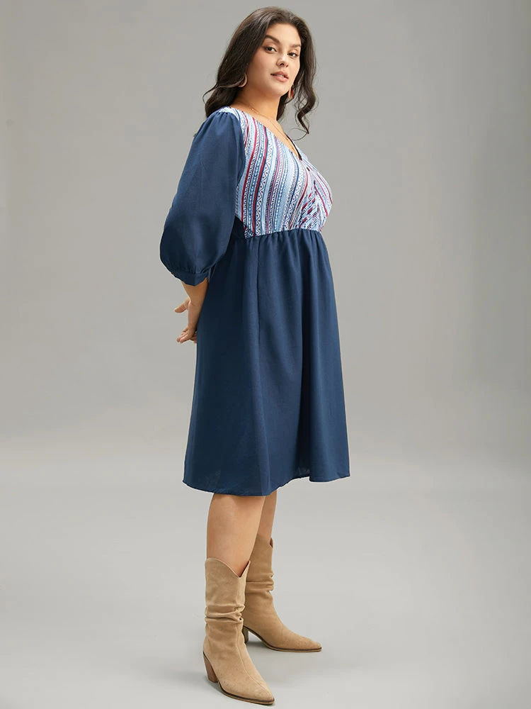 Boho Print Striped Patchwork Lantern Sleeve Dress 5 Boho Print Striped Patchwork Lantern Sleeve Dress - Image 3