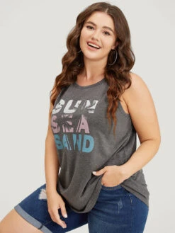 Letter & Coconut Tree Print Crew Neck Graphic Tank Top -Bloomchic Shop 328628049 pl